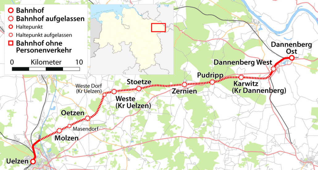 Karte der Bahnstrecke Uelzen-Dannenberg